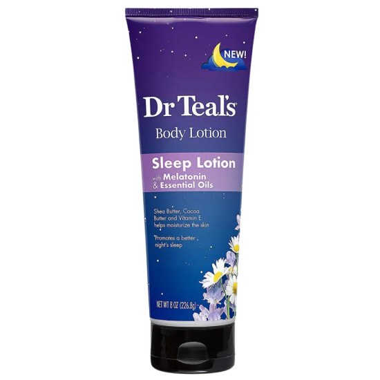 Dr Teal's Loción Corporal con Melatonina Hidratante intensiva nocturna con manteca de karité, cacao y aceites esenciales para piel seca y descanso profundo Disponible en Modum Chile
