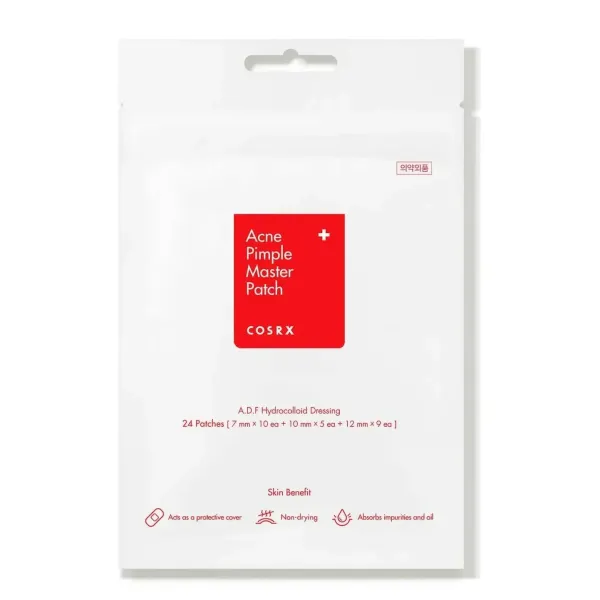 alt="COSRX Acne Pimple Master Patch con 24 parches hidrocoloide para tratamiento rápido de acné y espinillas, cuidado coreano de la piel"