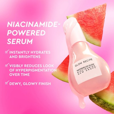 Serum Glow Recipe Watermelon Glow Niacinamide Dew Drops con gotas brillantes y trozos de sandía sobre fondo rosado, destacando beneficios como hidratación instantánea, mayor luminosidad, reducción visible de hiperpigmentación y acabado glowy y húmedo en la piel.