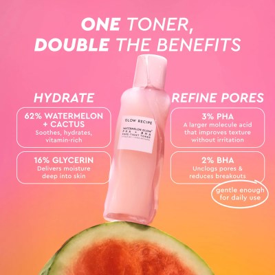 s2348431-av-3202507251253102610700-zoom Modum con Tónico exfoliante Glow Recipe Watermelon Glow PHA + BHA Pore-Tight Toner sobre fondo degradado rosado, acompañado de beneficios destacados como hidratación con sandía y cactus, glicerina para retener humedad, y ácidos PHA/BHA que refinan poros y mejoran la textura de la piel, suave para uso diario.