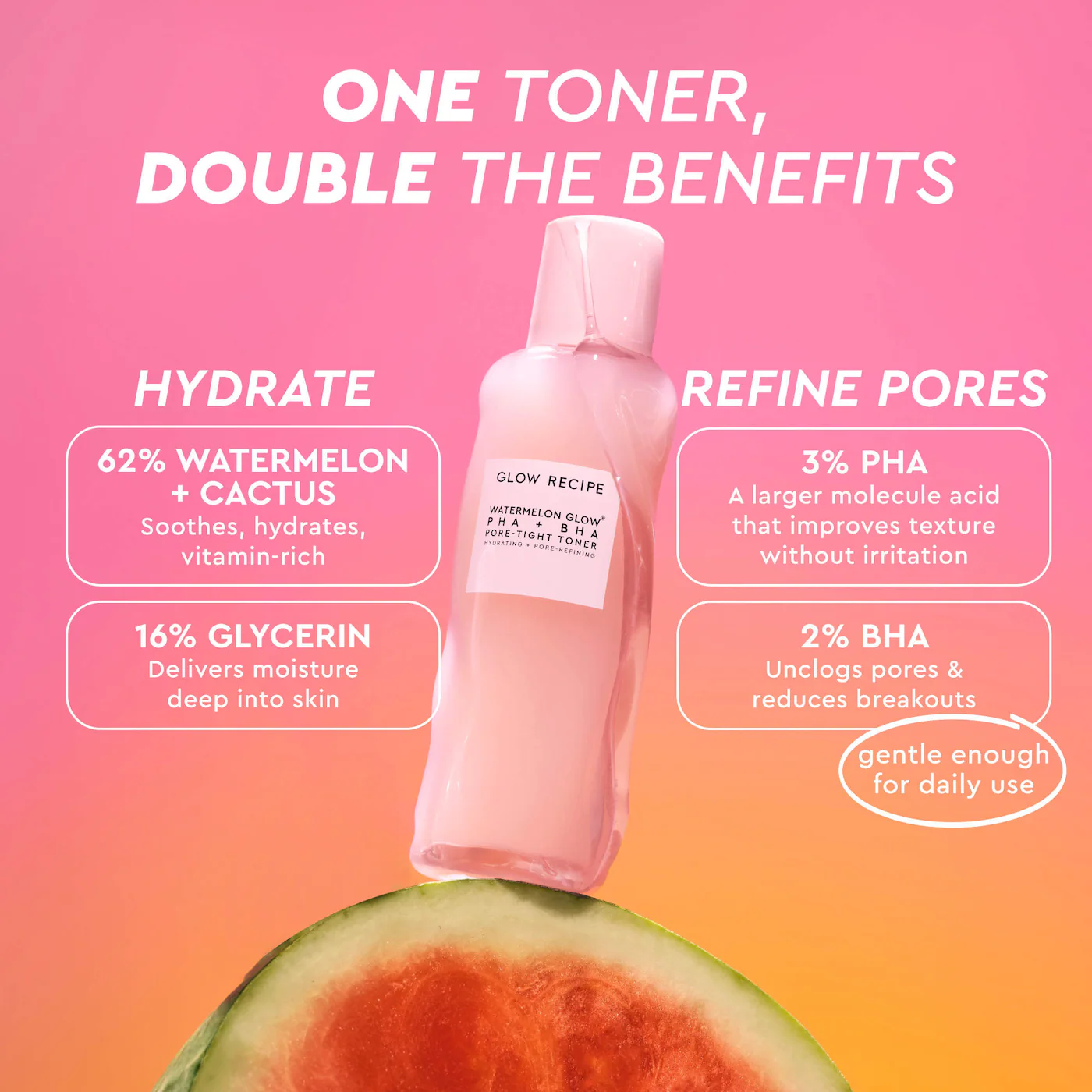 Glow Recipe Watermelon Glow PHA + BHA Pore-Tight Toner – 40 ml 3 Modum con Tónico exfoliante Glow Recipe Watermelon Glow PHA + BHA Pore-Tight Toner sobre fondo degradado rosado, acompañado de beneficios destacados como hidratación con sandía y cactus, glicerina para retener humedad, y ácidos PHA/BHA que refinan poros y mejoran la textura de la piel, suave para uso diario.